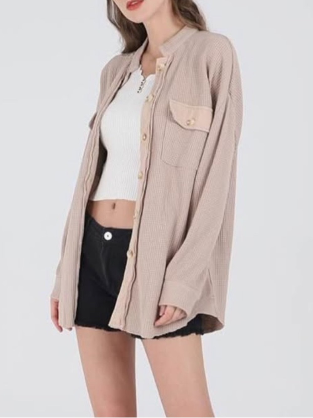 Light Taupe Button-Front Overshirt Jacket